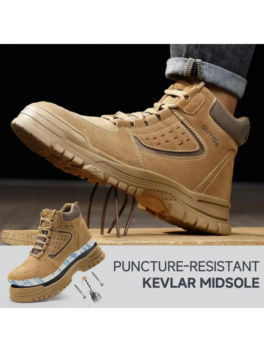 Men's Brown Splashproof Shoes Casual High Top Steel Toe Non Slip Hiking Boots
